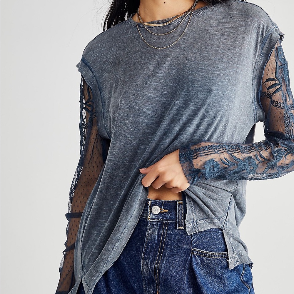 Soft and comfortable Free People lace sleeve T-shirt.  NWT